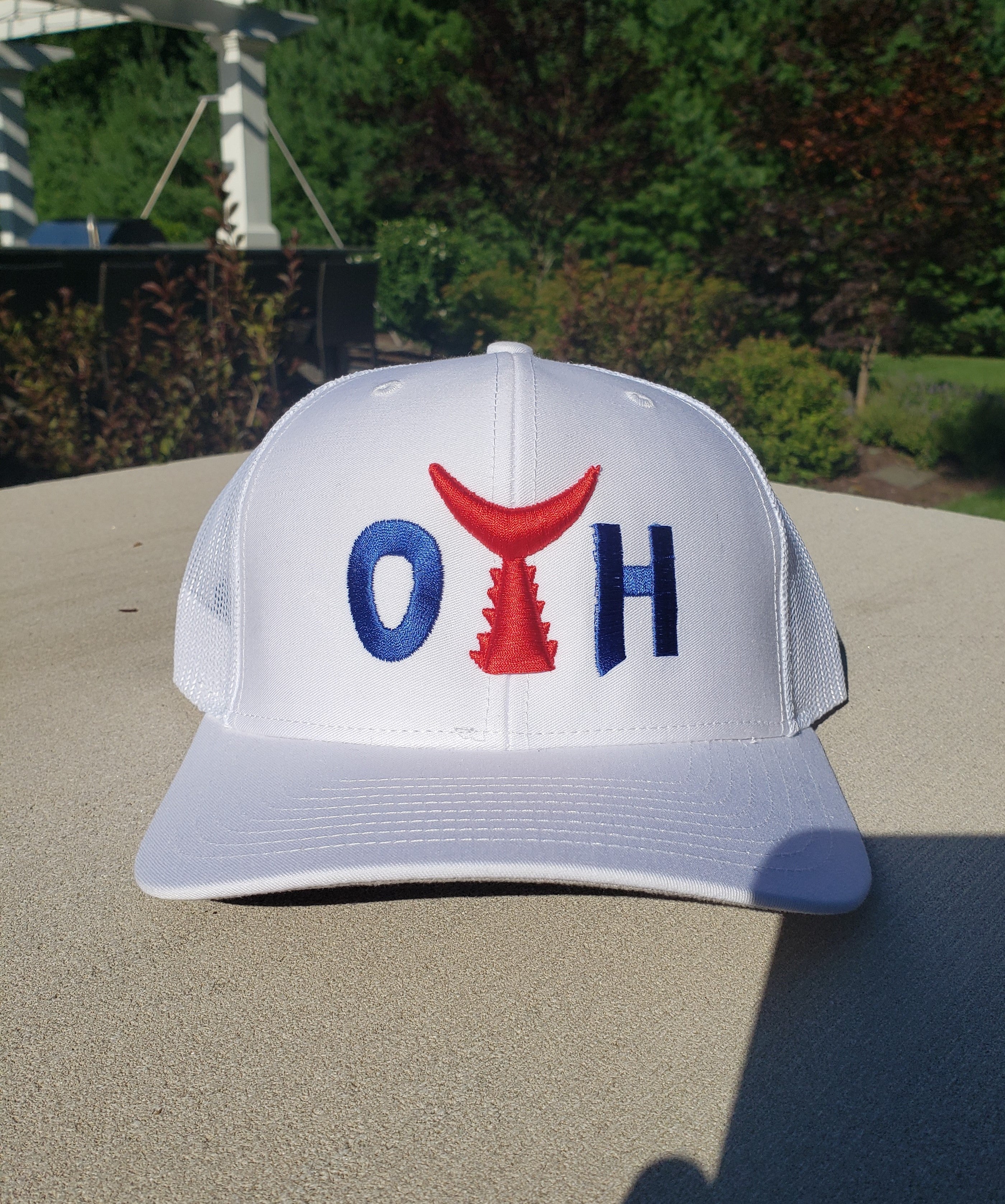 O.T.H. Crew adj Trucker Hat - Red White & Royal Blue logo